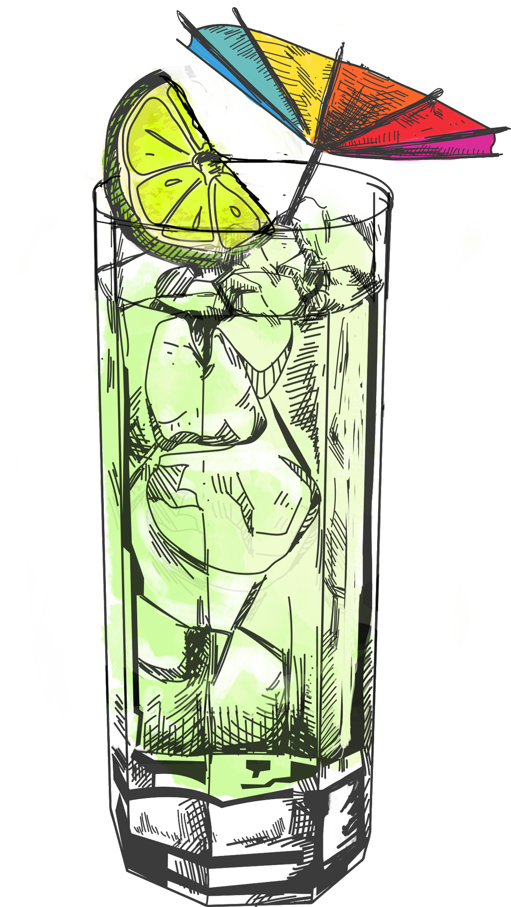 A drawing of a cocktail in a glass with a pineapple slice on top.