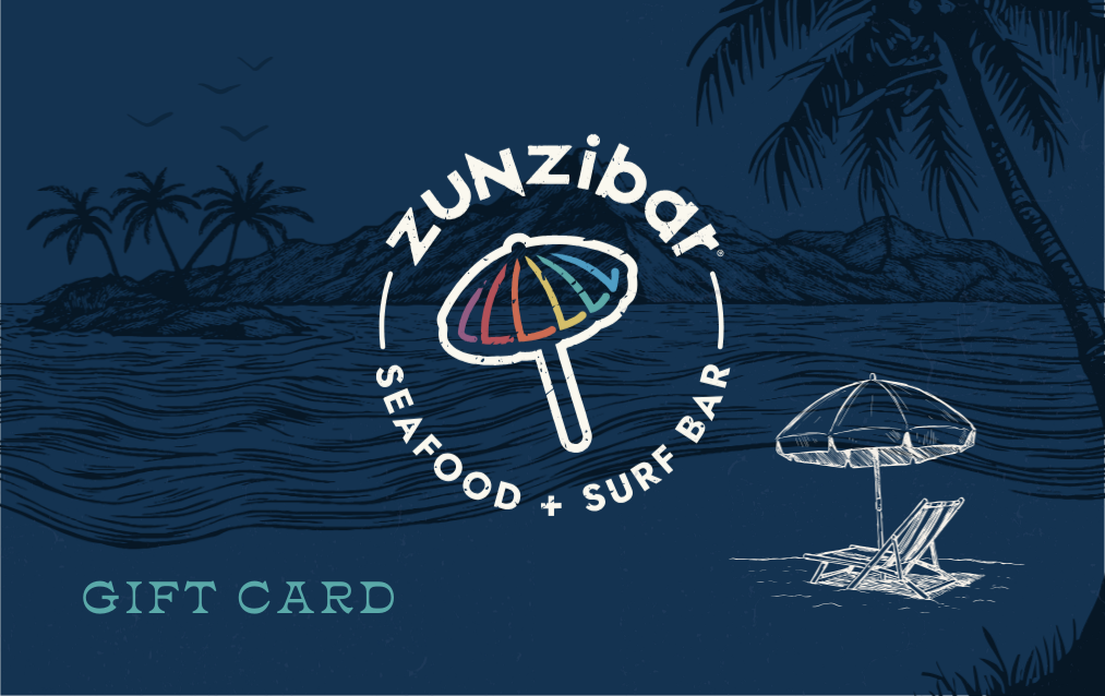 Zunzi's gift card with a colorful umbrella logo and repeated text/umbrella pattern.