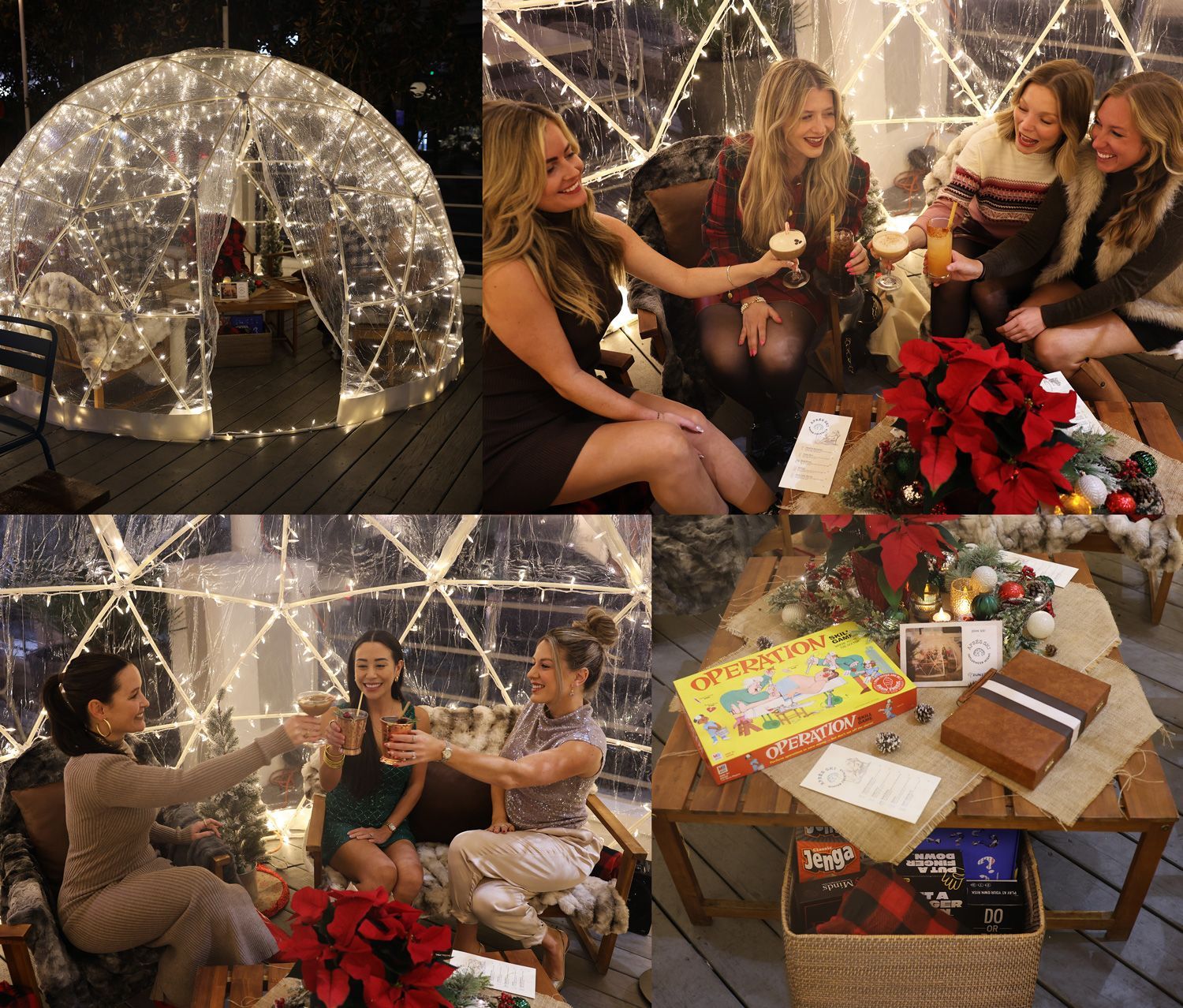 People enjoying drinks and gifts in lit, clear outdoor igloos, festive decorations visible.