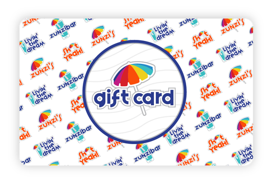 Zunzi's gift card with a colorful umbrella logo and repeated text/umbrella pattern.
