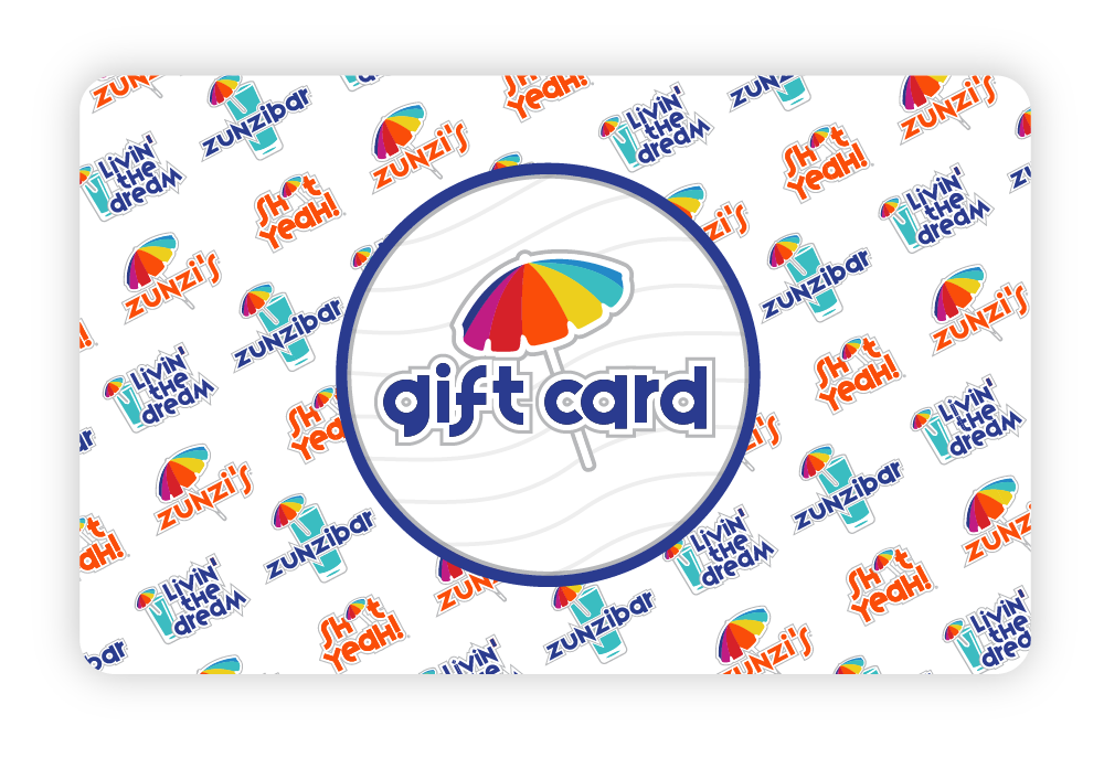 Zunzi's gift card with a colorful umbrella logo and repeated text/umbrella pattern.
