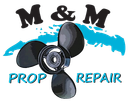 A logo for m & m prop repair with a propeller