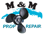 A logo for m & m prop repair with a propeller