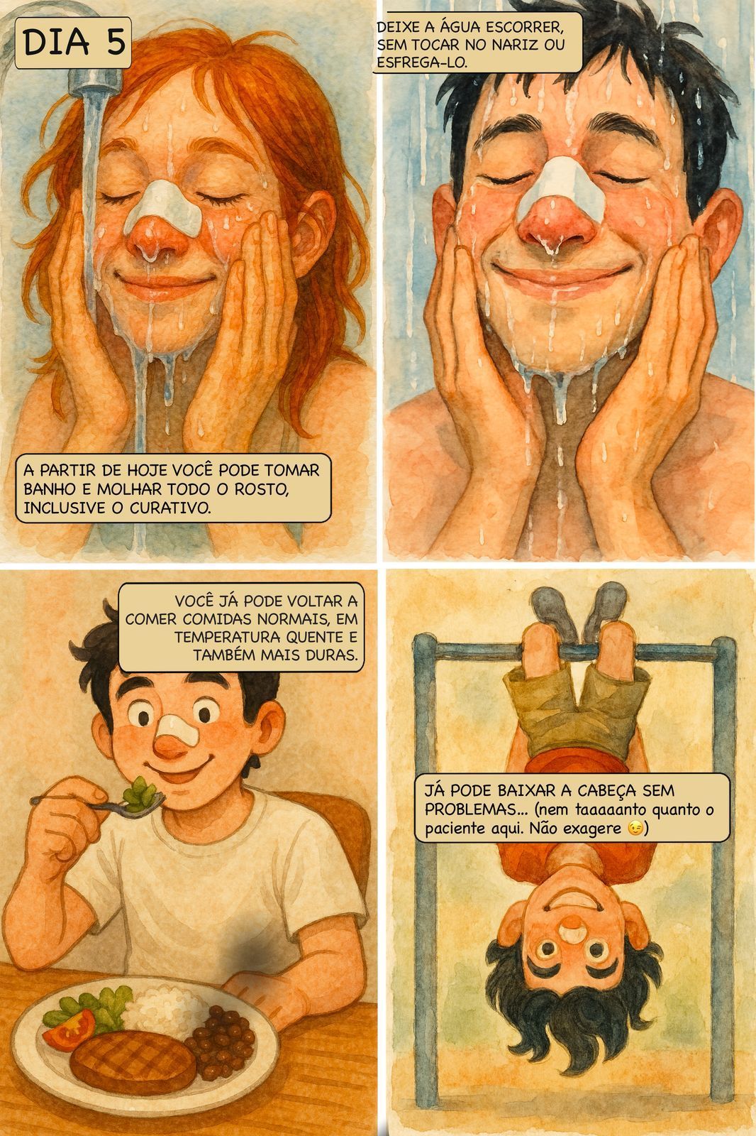 Quadrinhos mostrando a evolução entre o quarto e quinto dia após rinoplastia, com retorno gradual às atividades, banho normal, alimentação habitual e manutenção das lavagens nasais.
