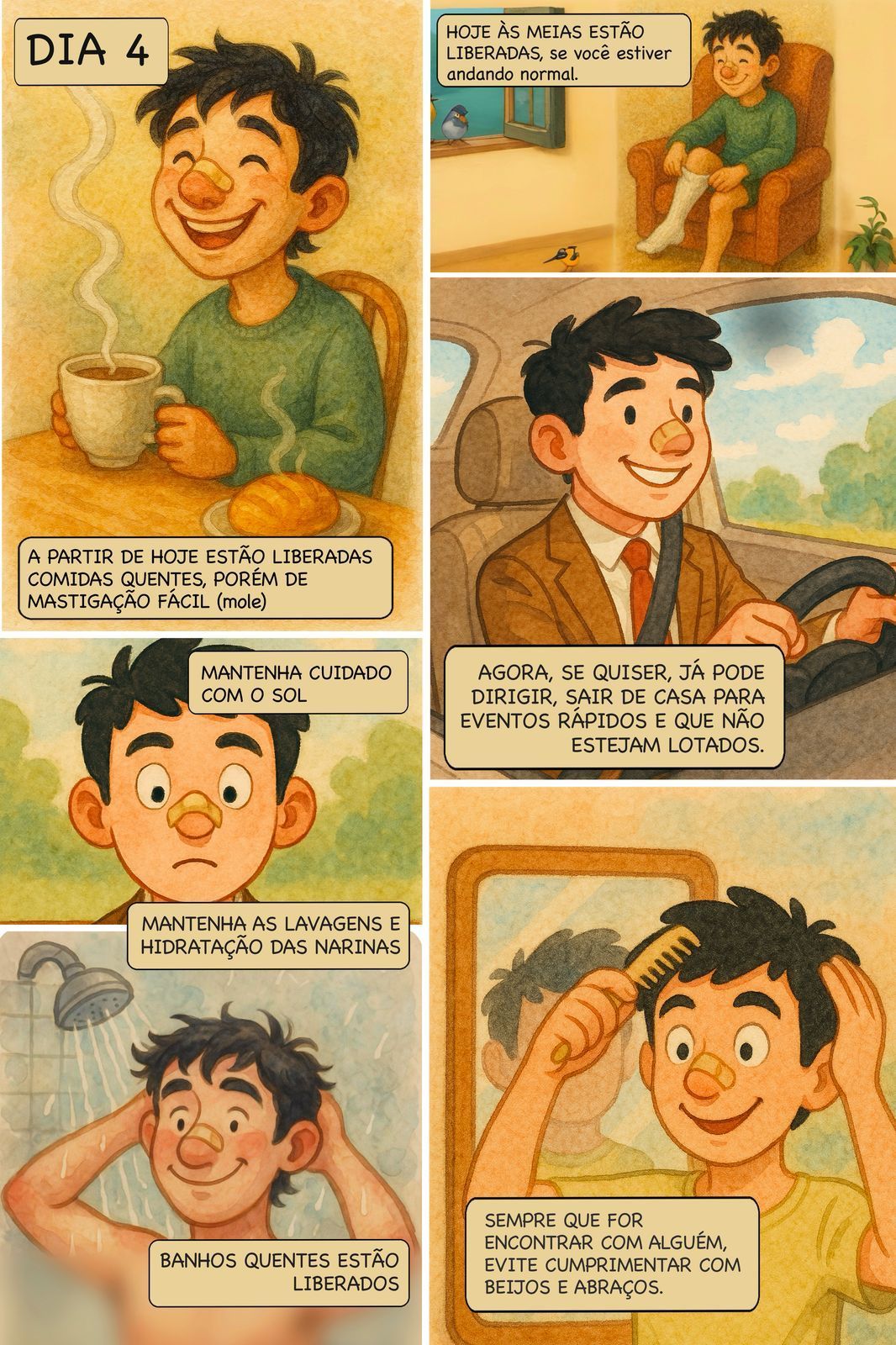 Quadrinhos mostrando a evolução do quinto dia após rinoplastia, com retorno gradual às atividades, banho normal, alimentação habitual e manutenção das lavagens nasais.
