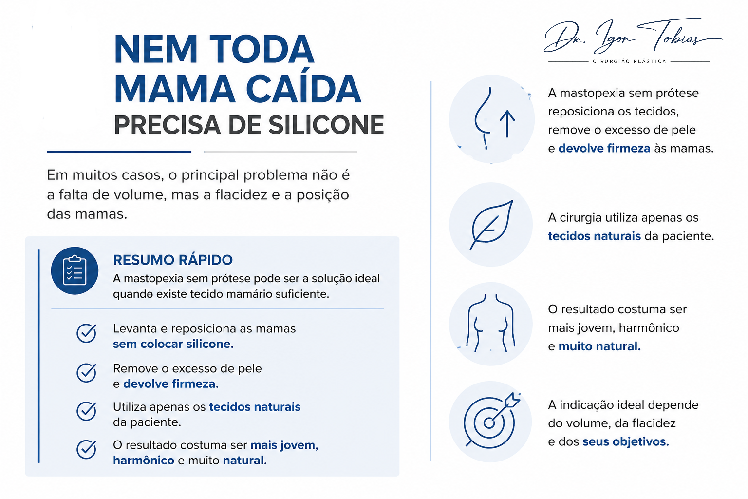 Infográfico explicando que nem toda mama caída precisa de silicone e mostrando os benefícios da mastopexia sem prótese.
