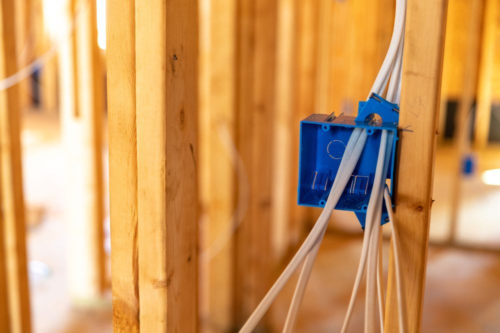 A blue box with wires coming out of it is in a wooden frame of a house under construction.