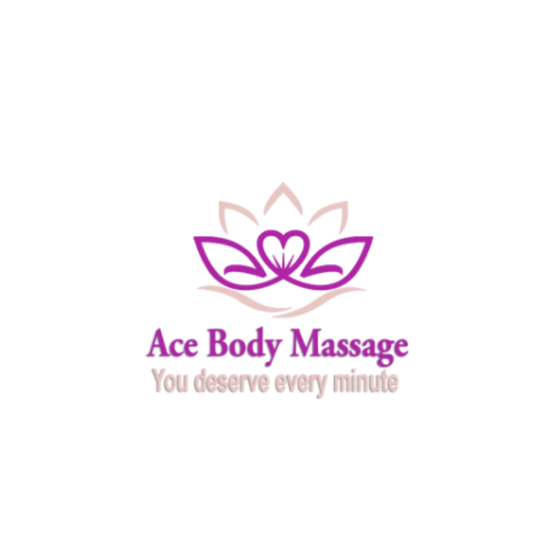 Ace Body Massage logo: purple lotus with heart center, text