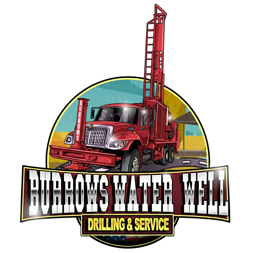 Red drilling truck with "Burrows Water Well Drilling & Service" logo.