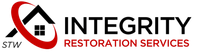 Logo for Integrity Restoration Services with a black roof icon circled in red, next to the text in black and red.
