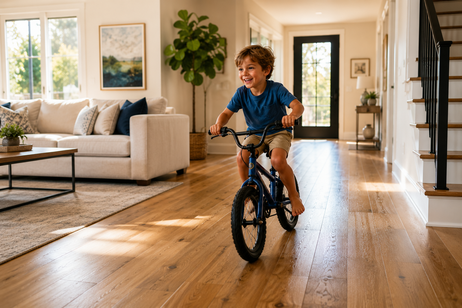 Child riding a bicycle indoors in a bright living room with wooden floors and a couch nearby
