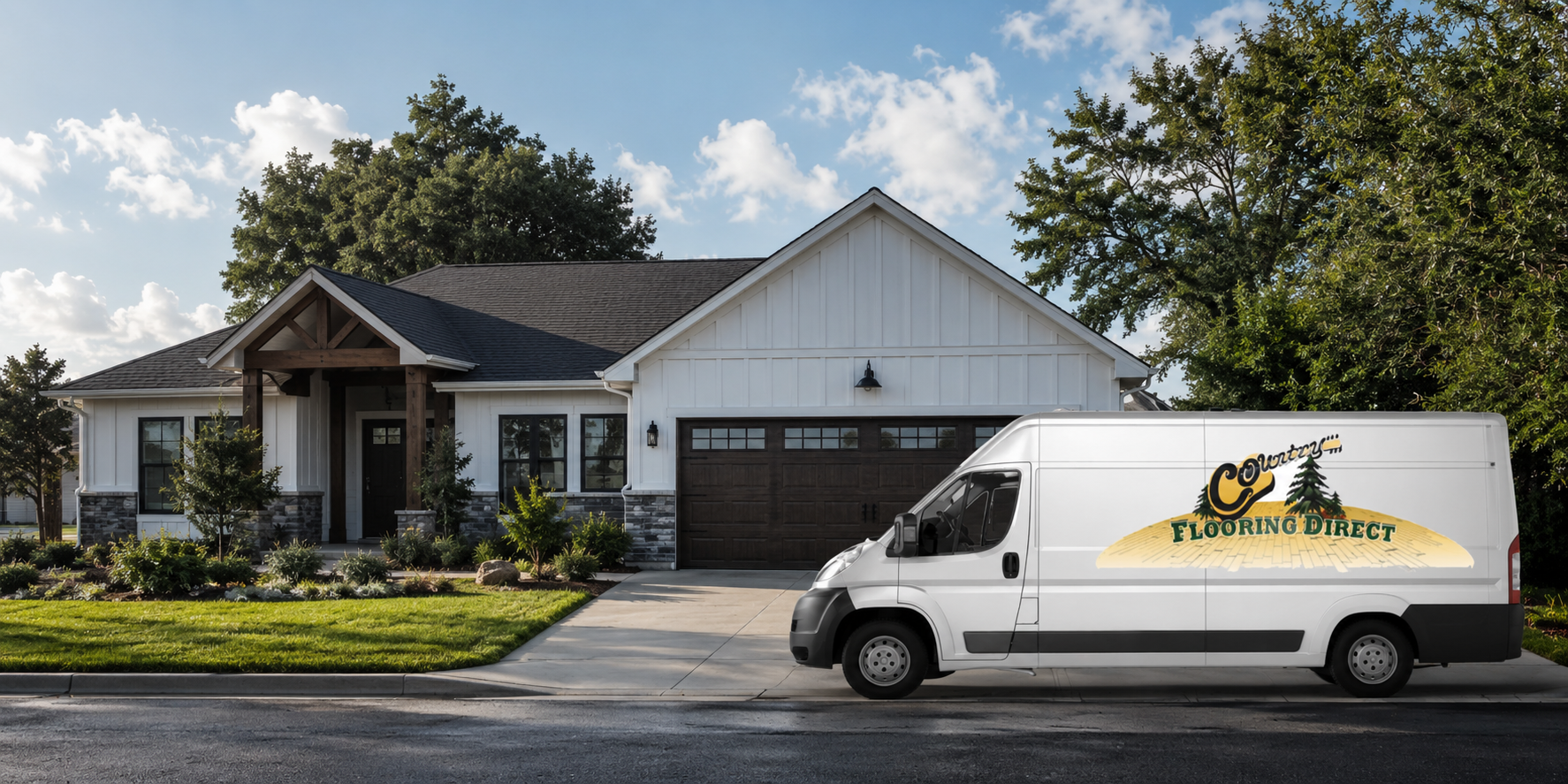 White service van parked in front of a suburban house on a sunny day