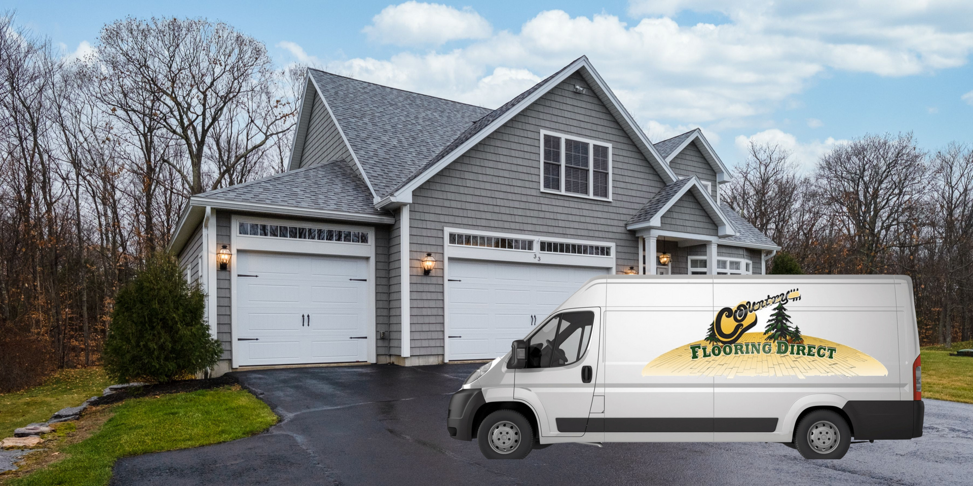 A white service van parked in front of a gray house, logo on the van: Flooding Street.