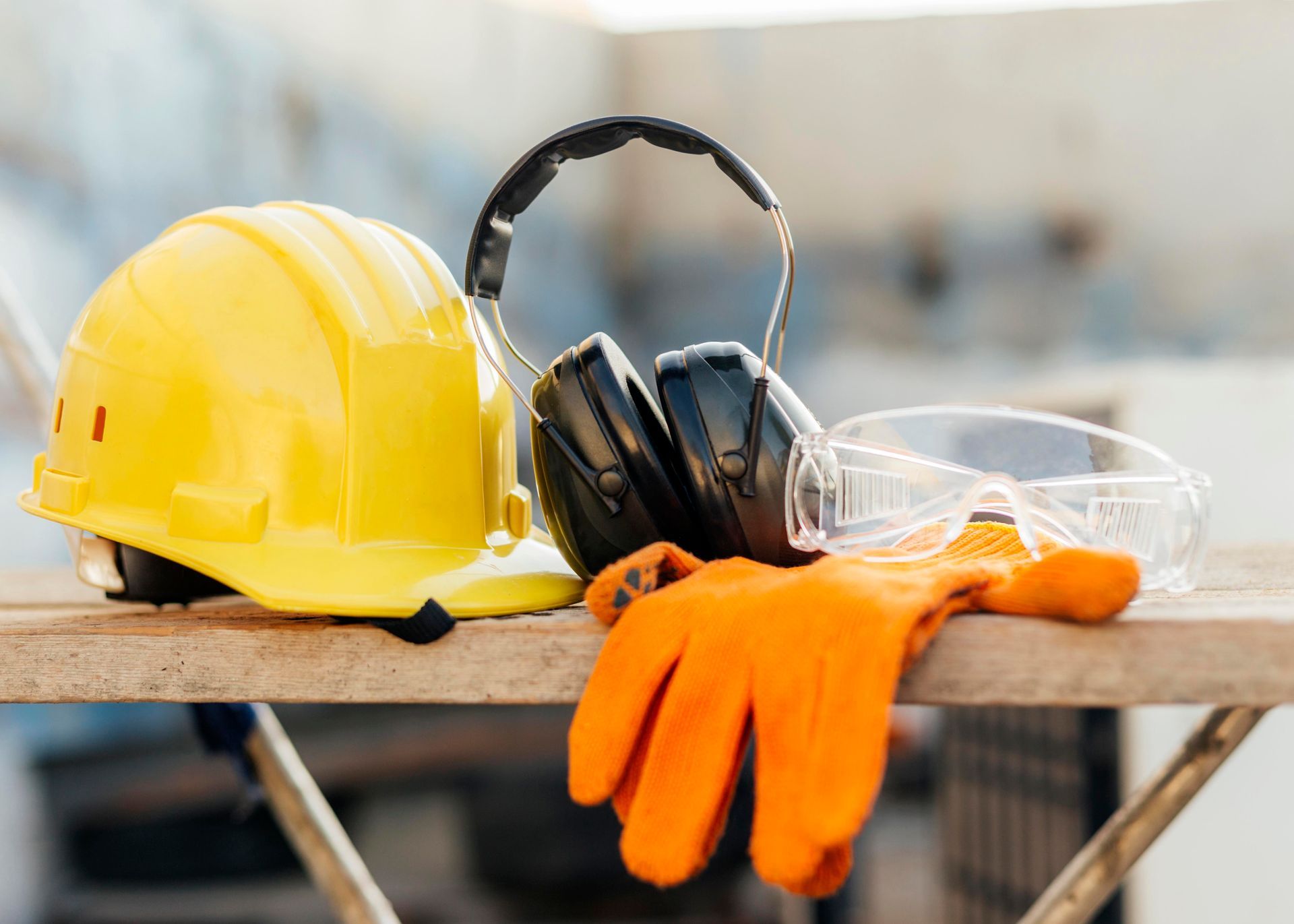 Un casque, des cache-oreilles, des lunettes et des gants sont sur une table en bois.