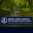 A lush forest with a stream and the Great Lakes Habitat logo.