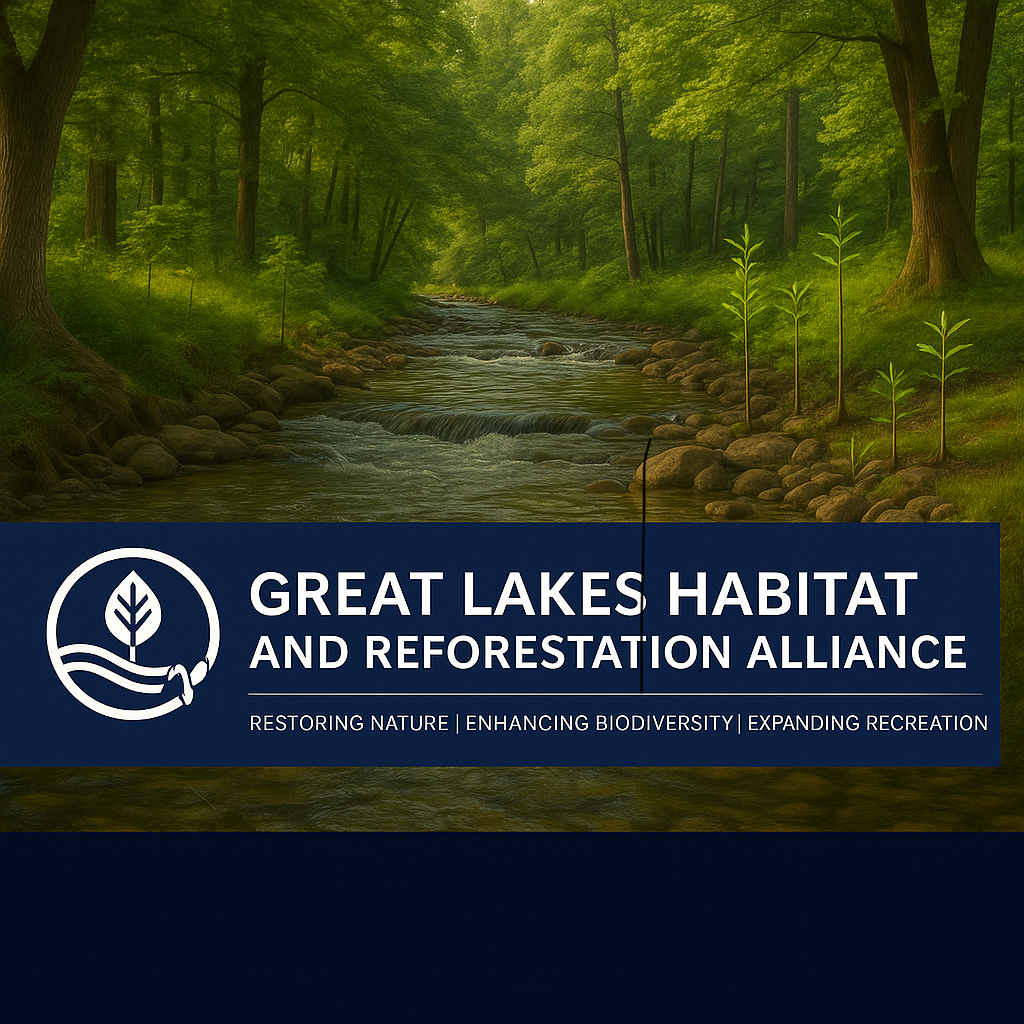 A lush forest with a stream and the Great Lakes Habitat logo.