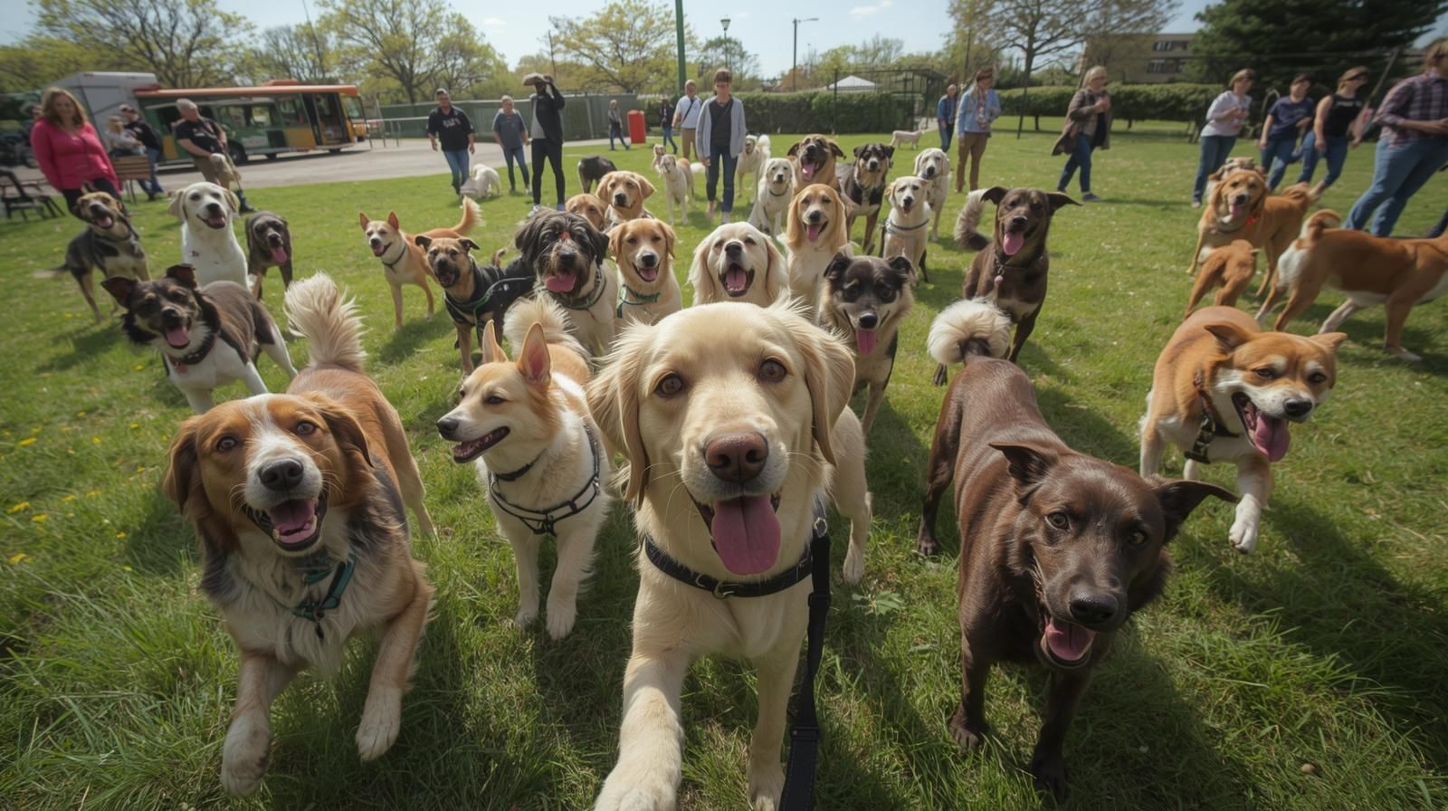 Many dogs of various breeds, smiling and looking at the camera, in a green park with people in the background.