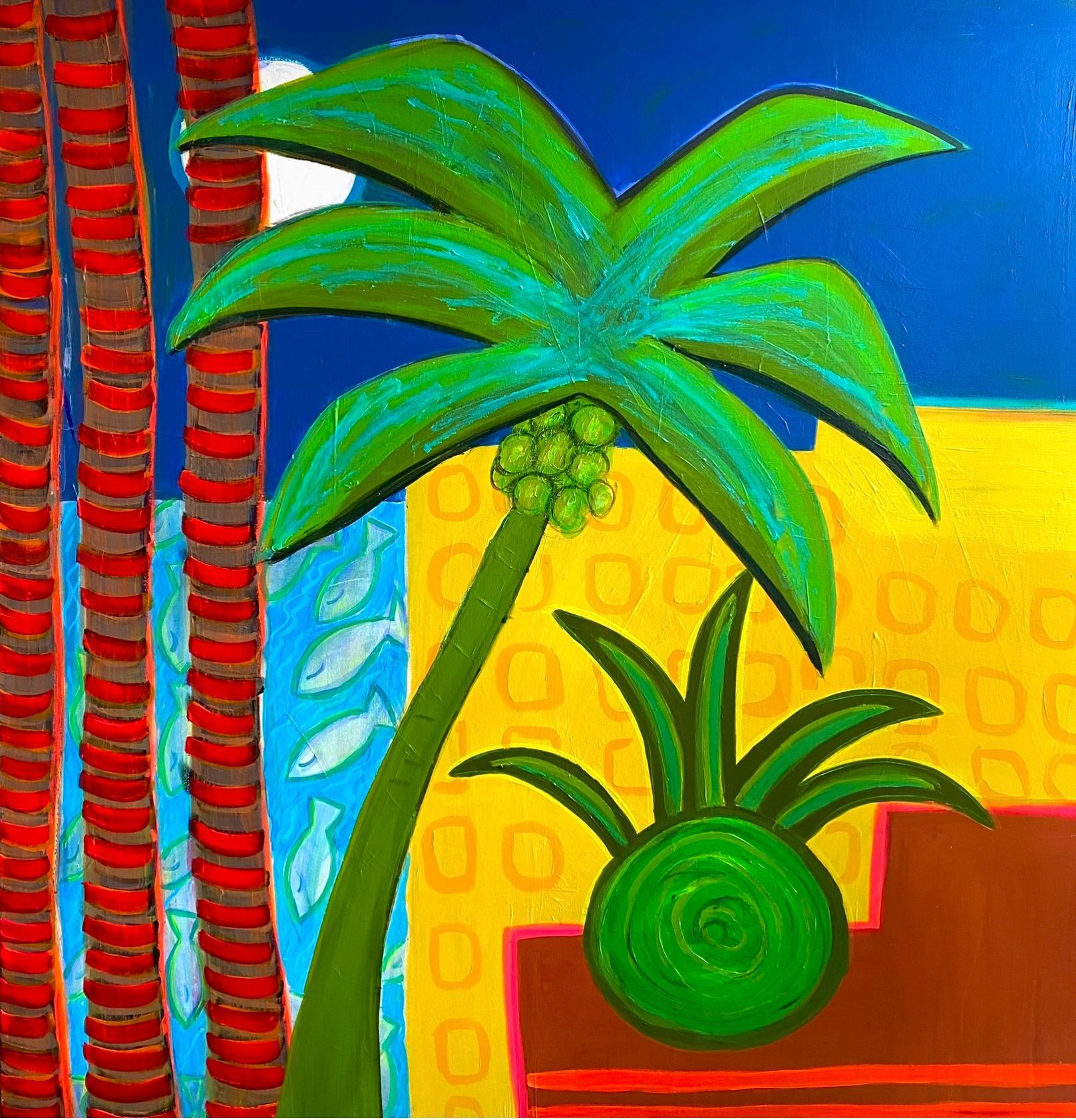 A colorful painting of a palm tree and a plant