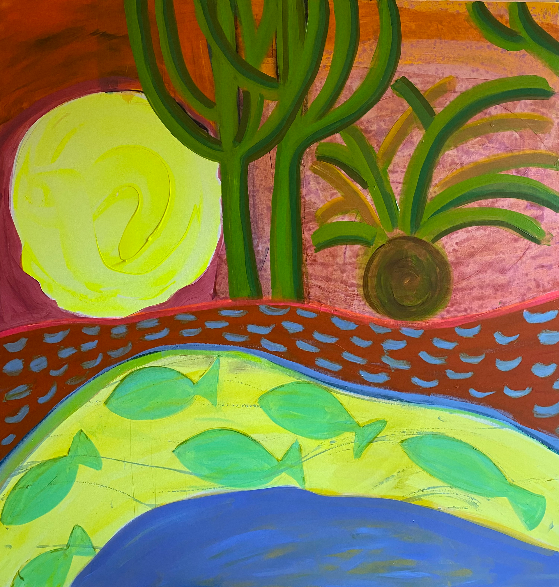 A painting of cactus and fish with a yellow sun in the background