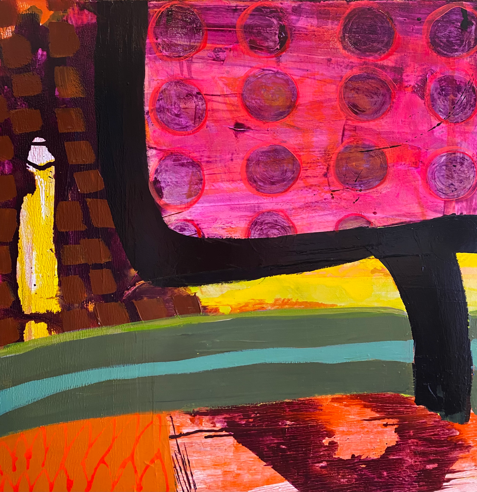 A painting of a woman in a yellow dress standing in front of a pink wall.