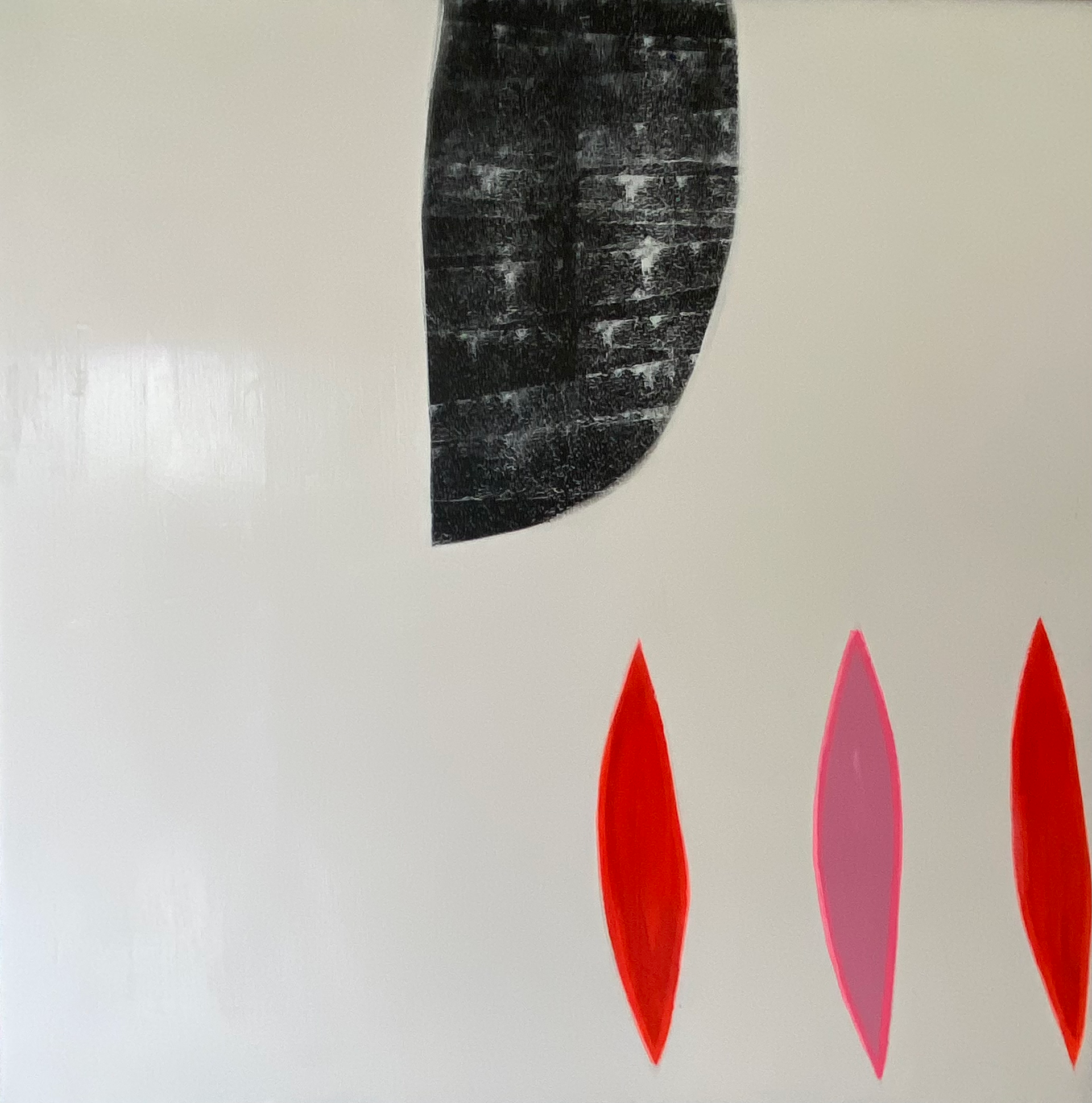 A black and white painting with red leaves on a white background