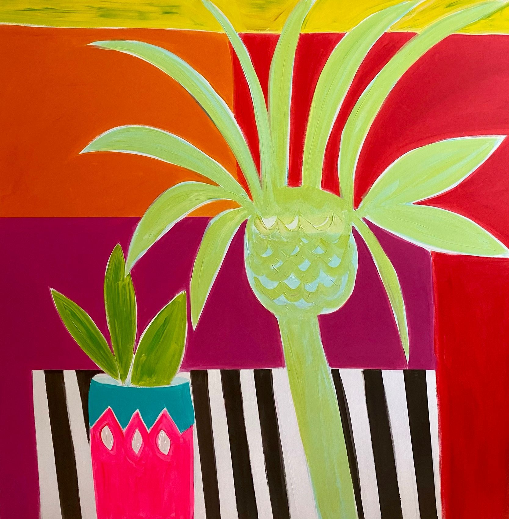 A painting of two potted plants on a table