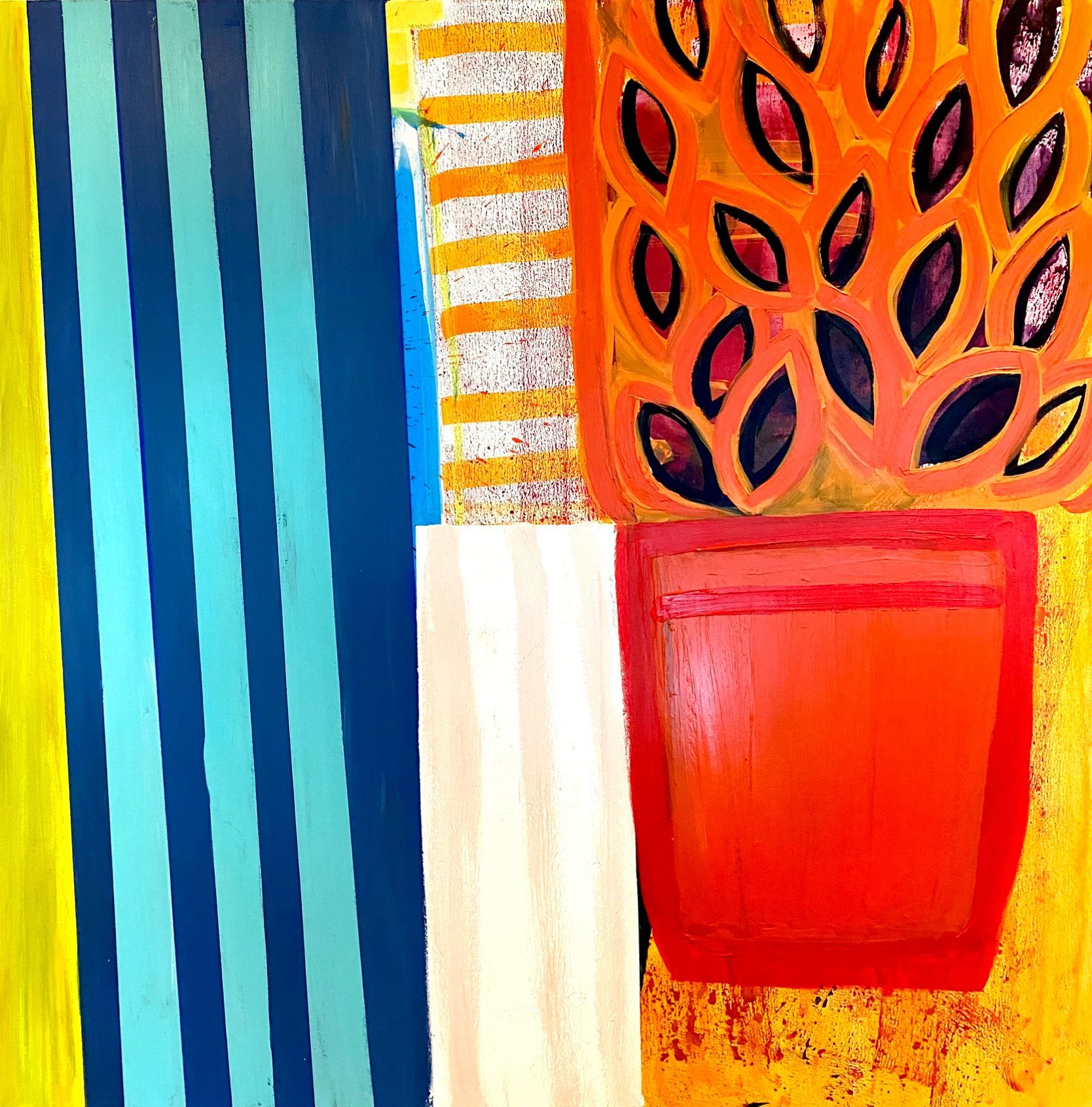 A painting of a flower in a red vase on a yellow background.