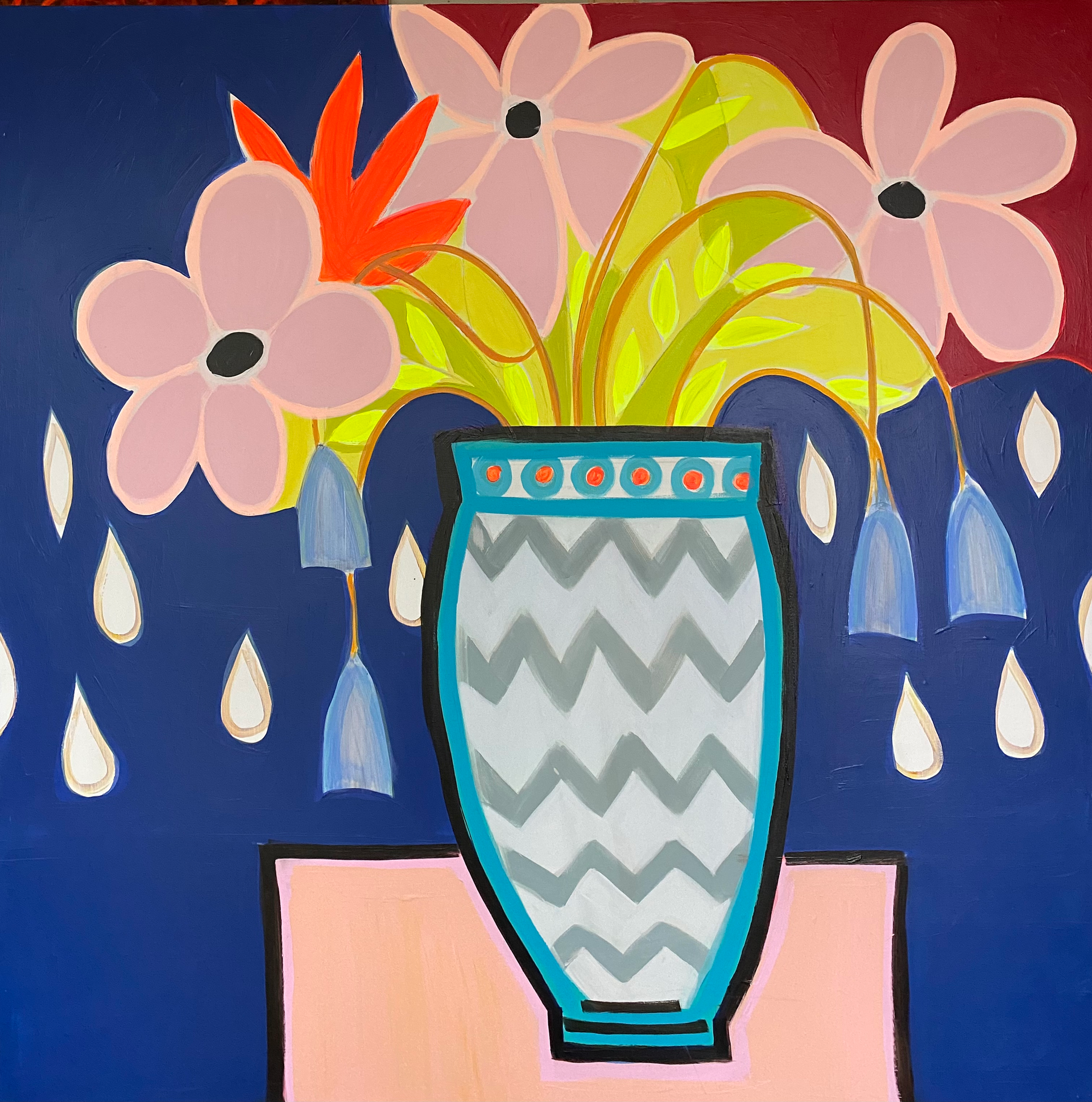 A painting of a vase filled with pink flowers