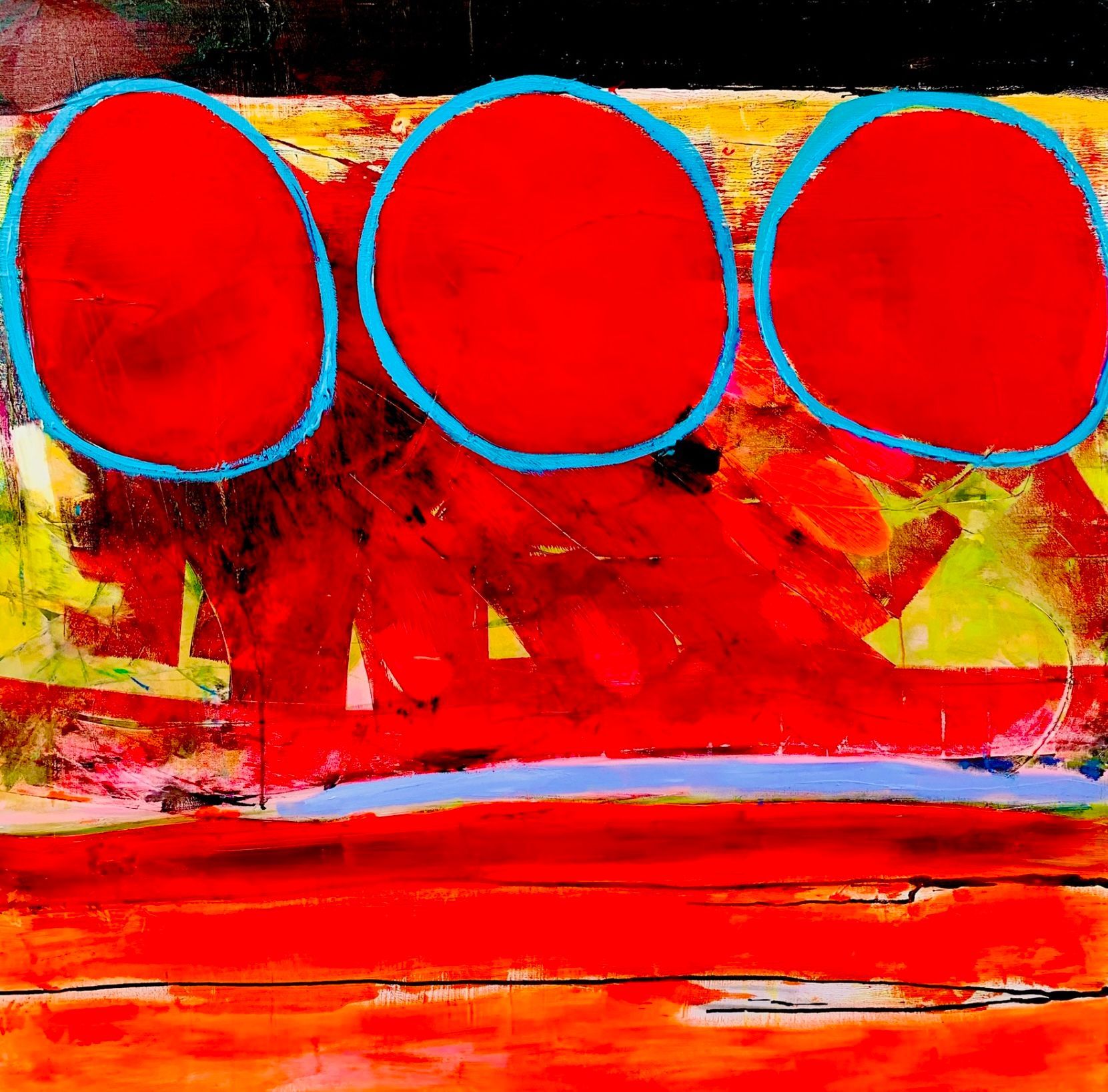 A painting of three red circles with blue borders