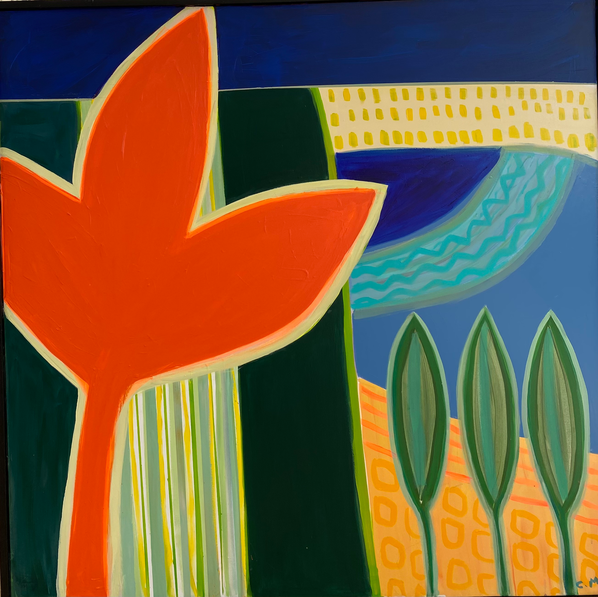 A colorful painting of a red flower and trees