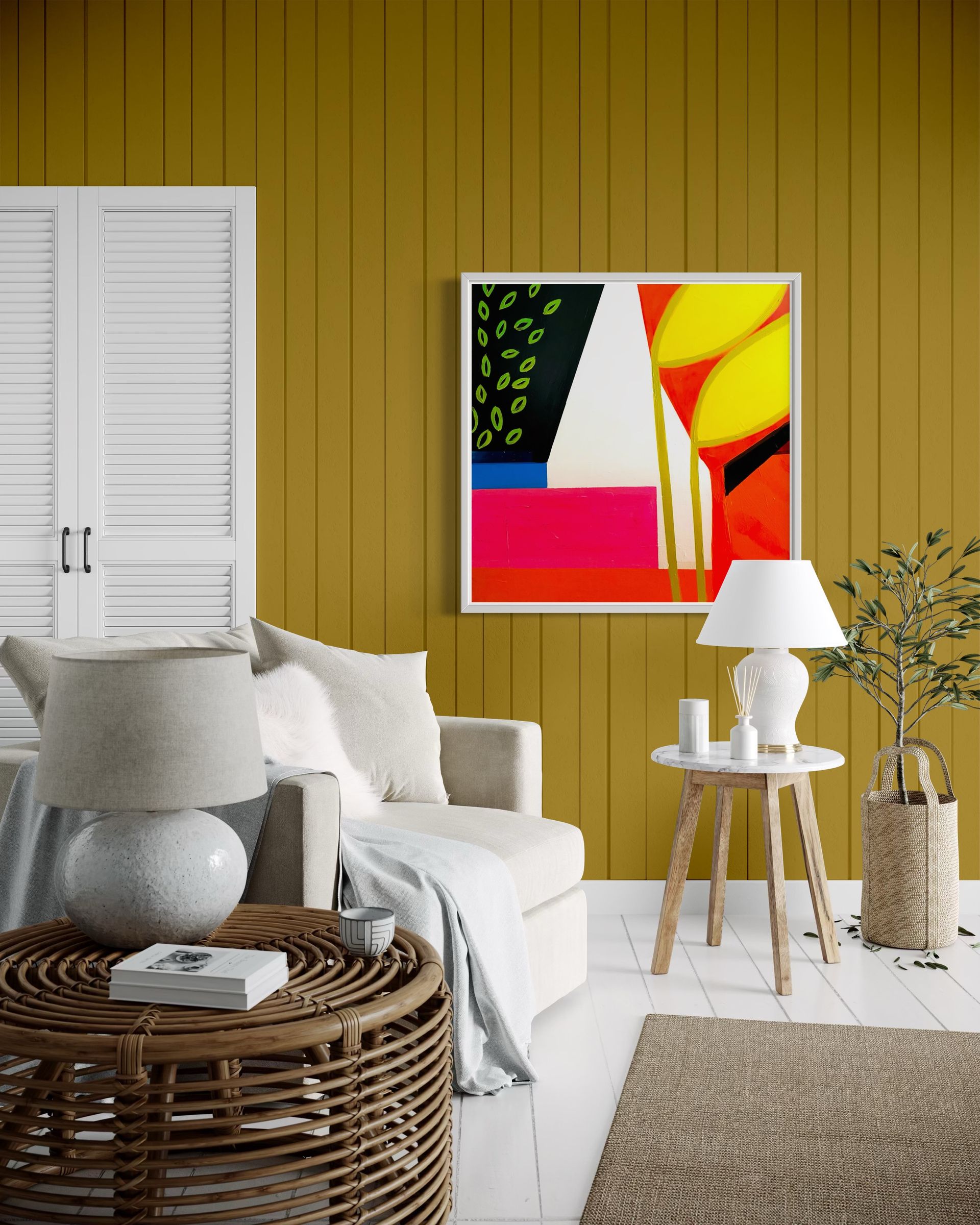 A living room with a couch , table , lamp and painting on the wall.