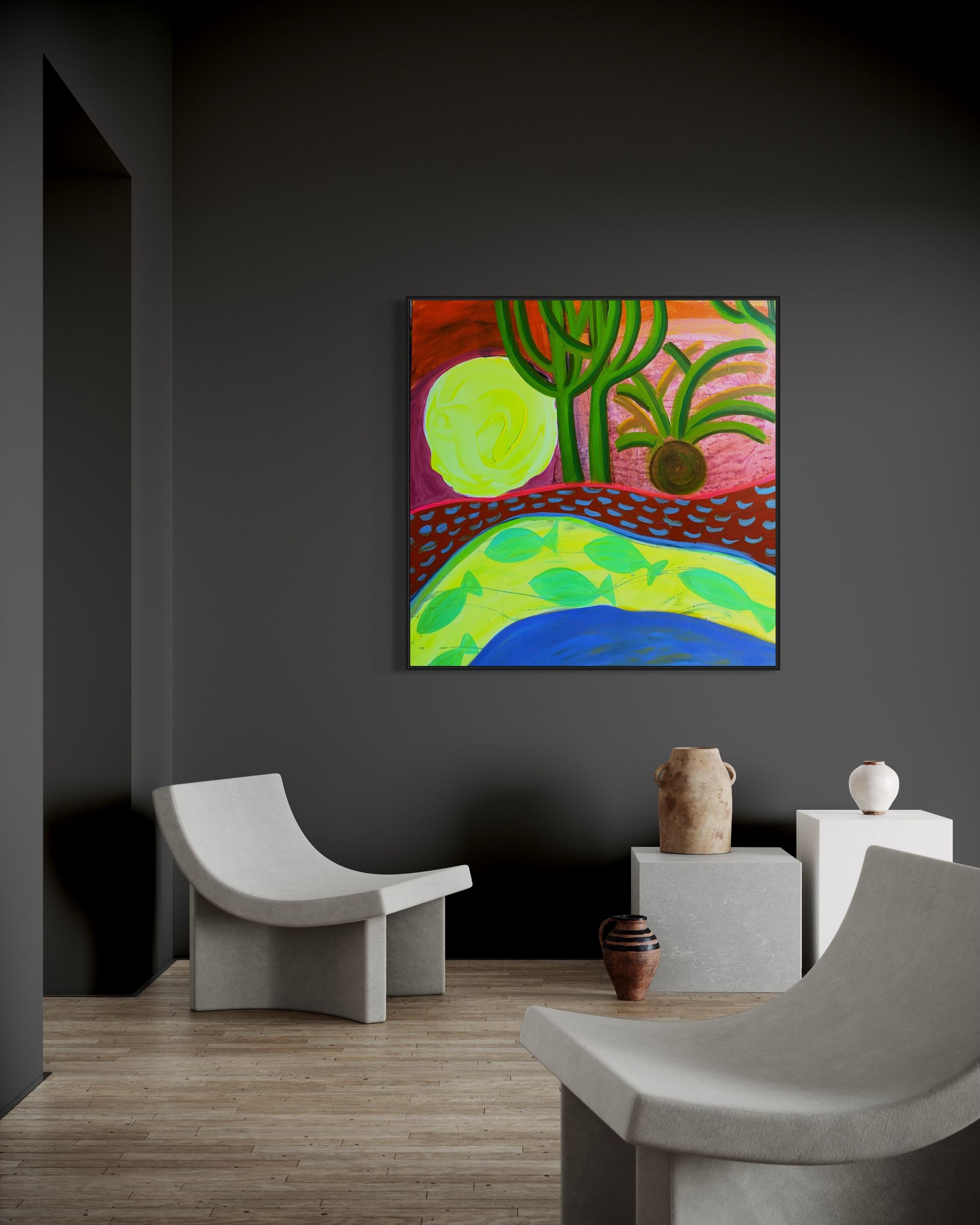 A room with two chairs and a painting on the wall