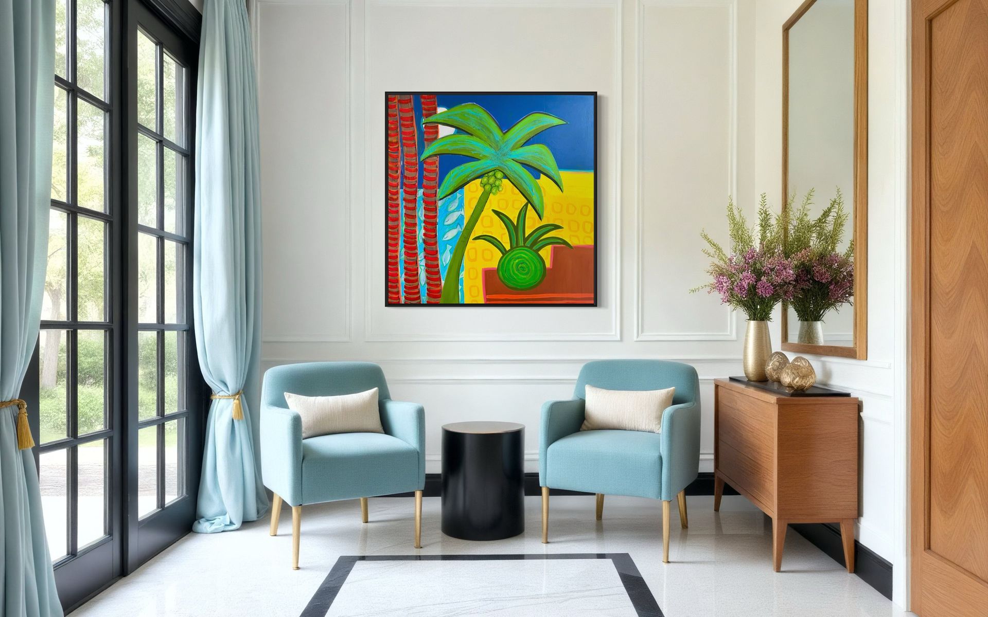 A living room with two chairs , a table and a painting on the wall.