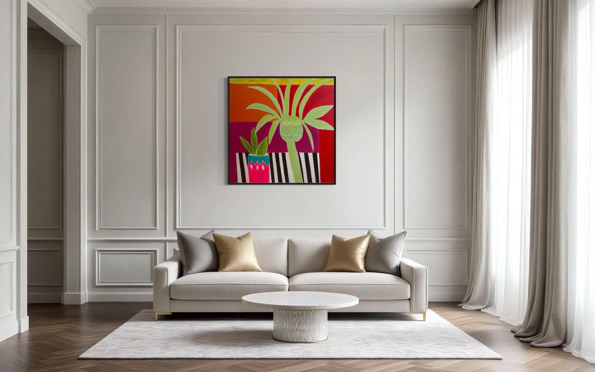 A living room with a couch , coffee table , and a painting on the wall.