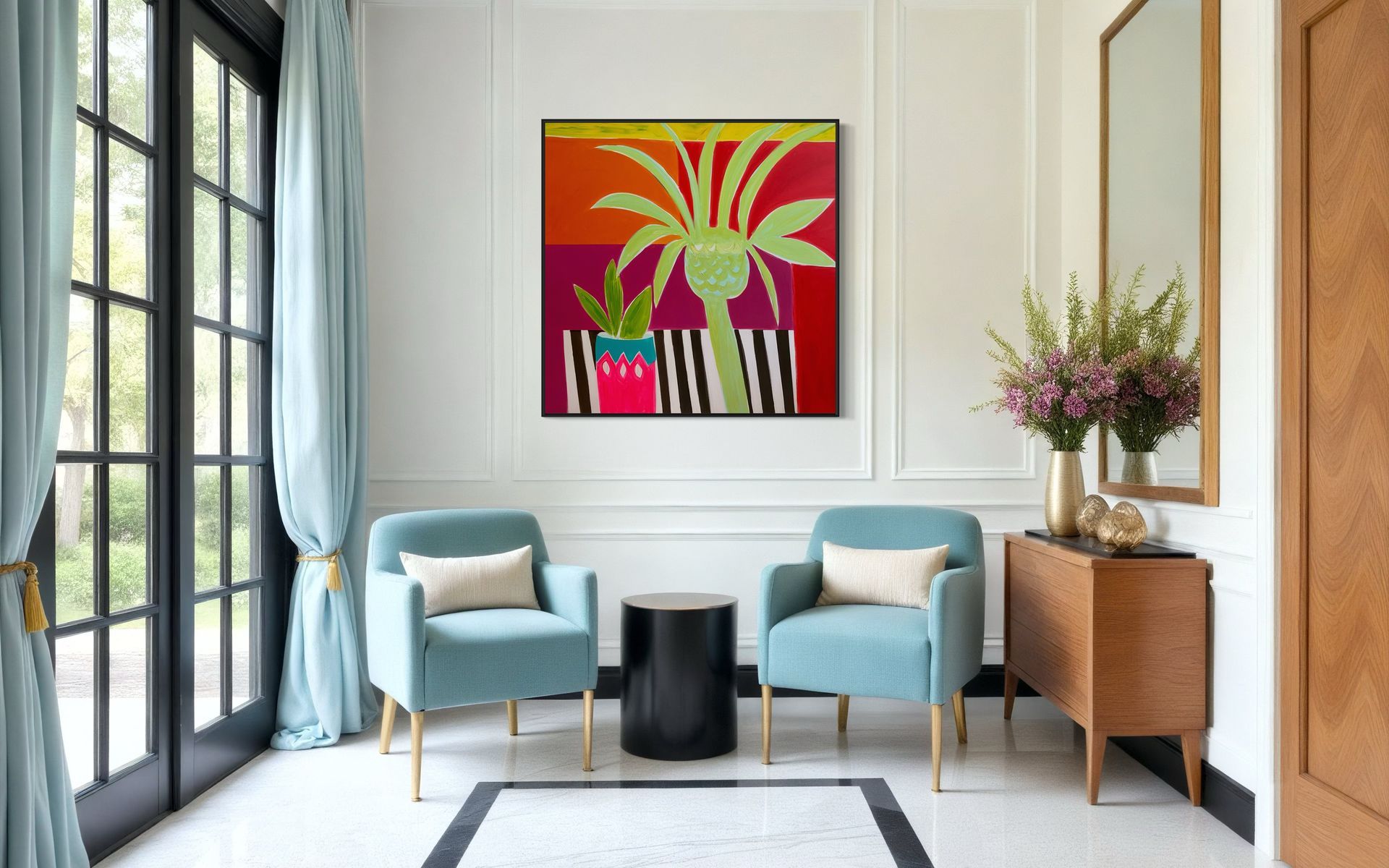 A living room with two chairs , a table and a painting on the wall.