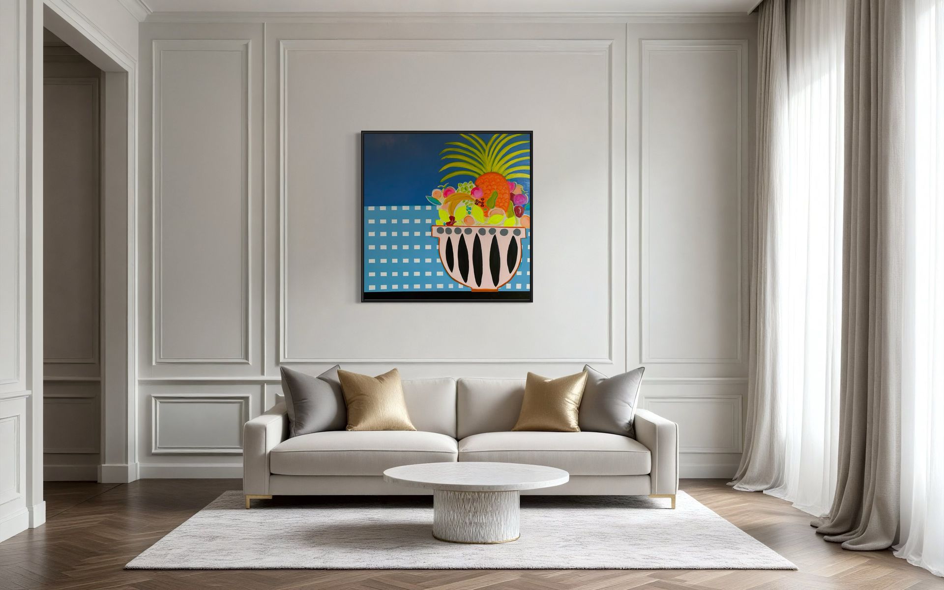 A living room with a couch , coffee table , and a painting on the wall.