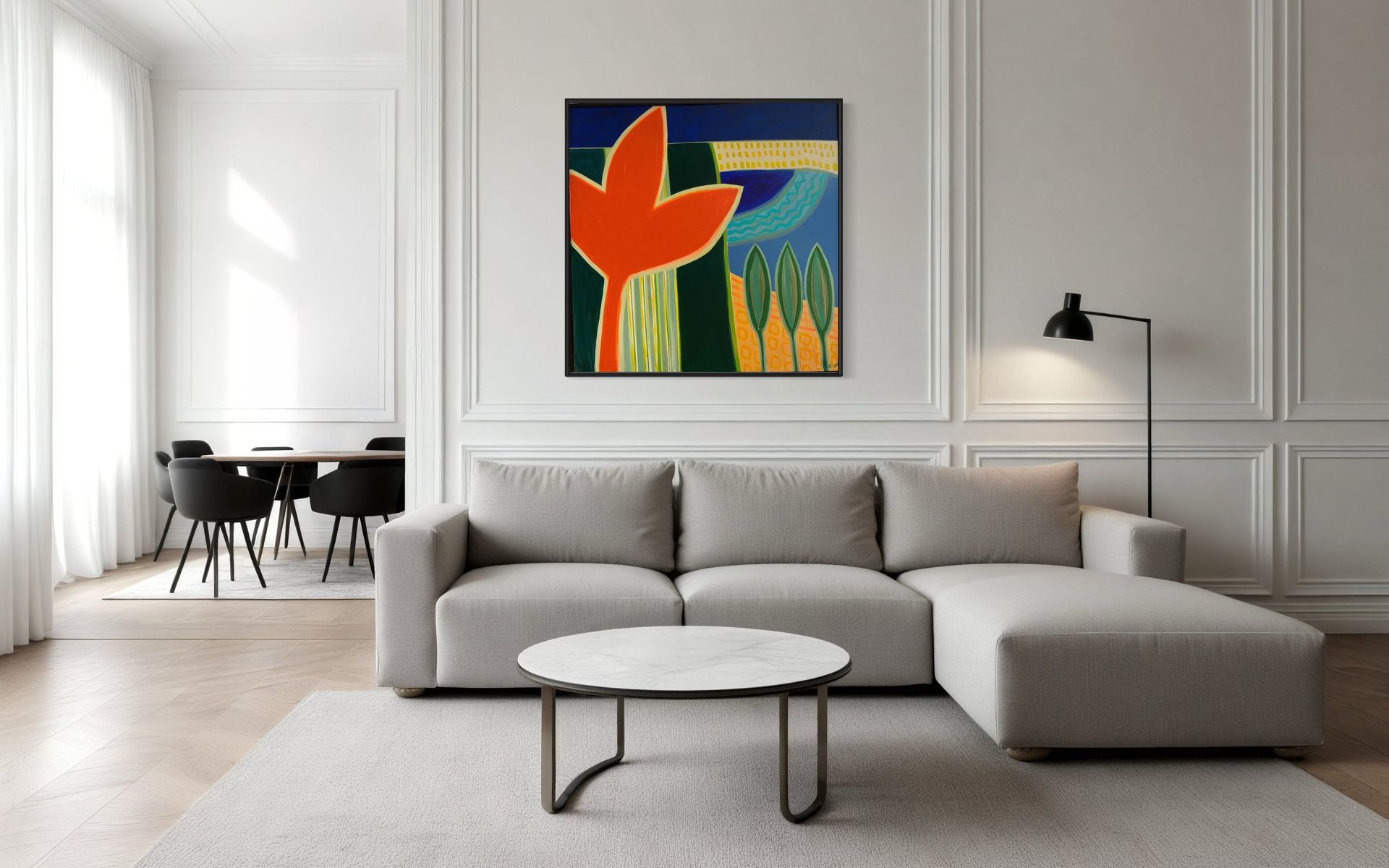 A living room with a couch , coffee table and a painting on the wall.