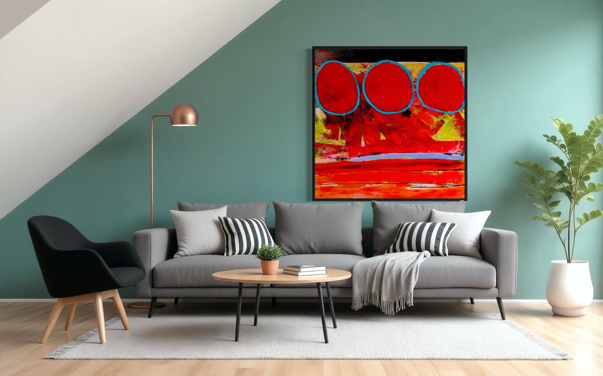 A living room with a couch , chair , coffee table and a painting on the wall.