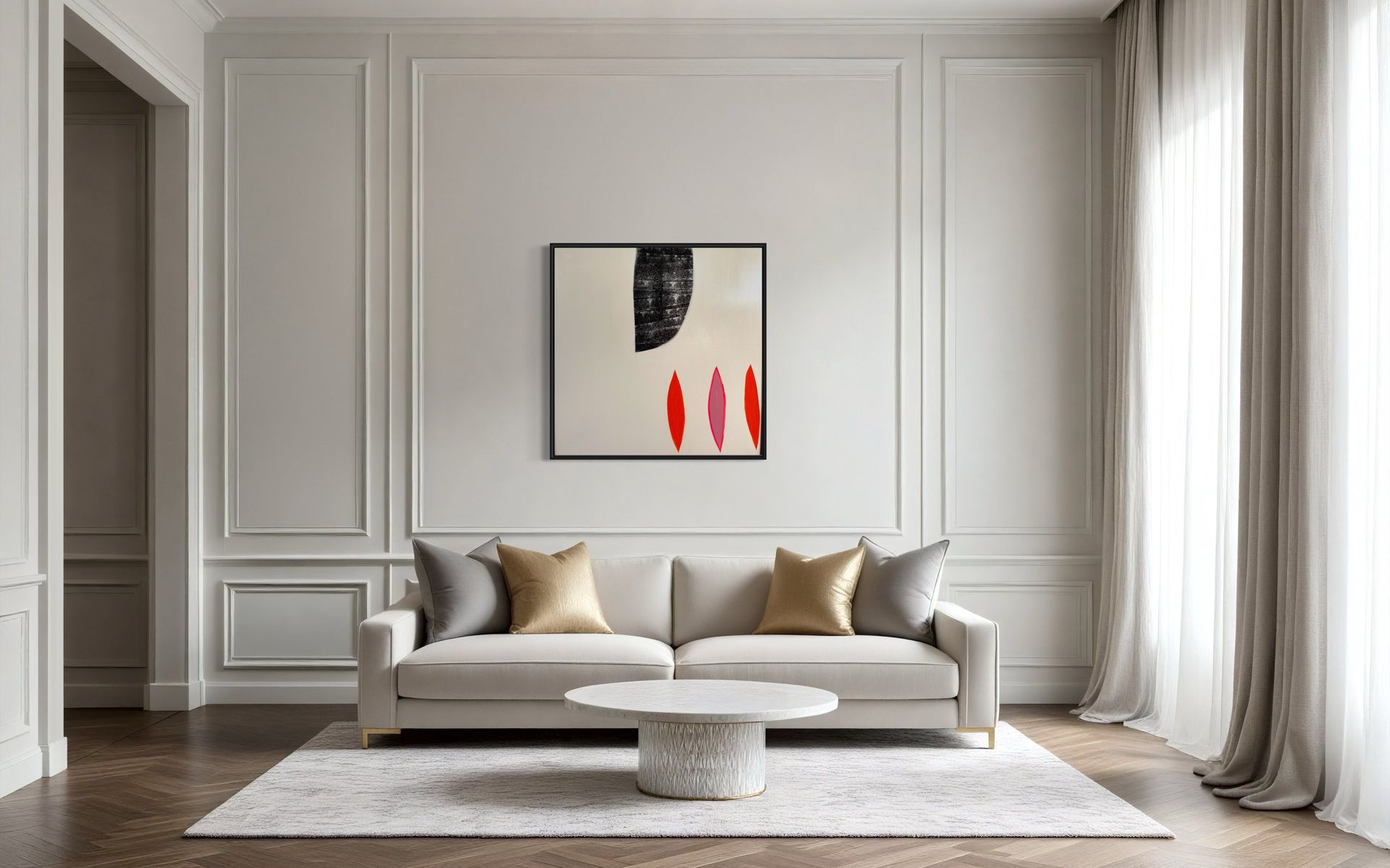 A living room with a couch , coffee table , and painting on the wall.