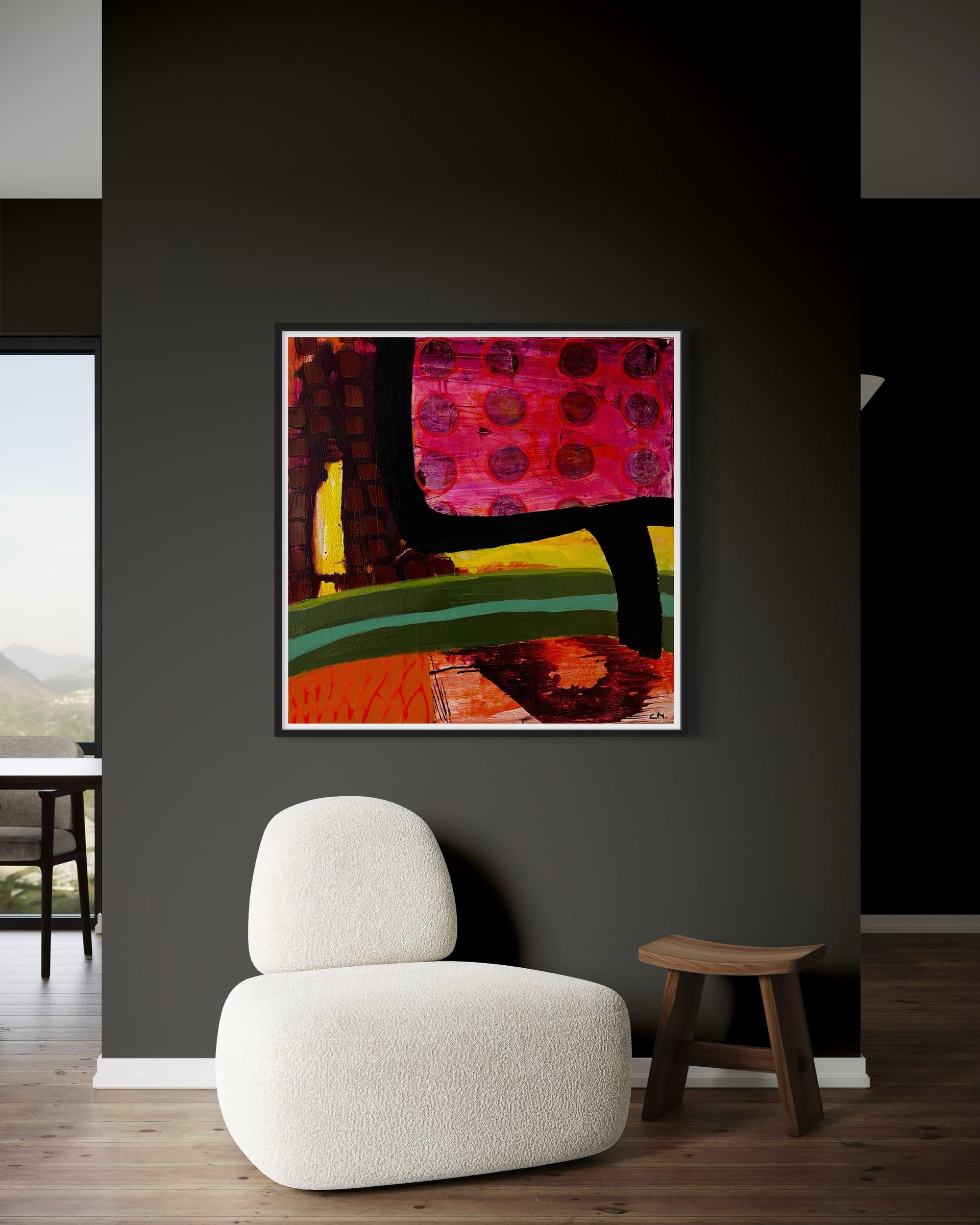 A room with a large painting on the wall