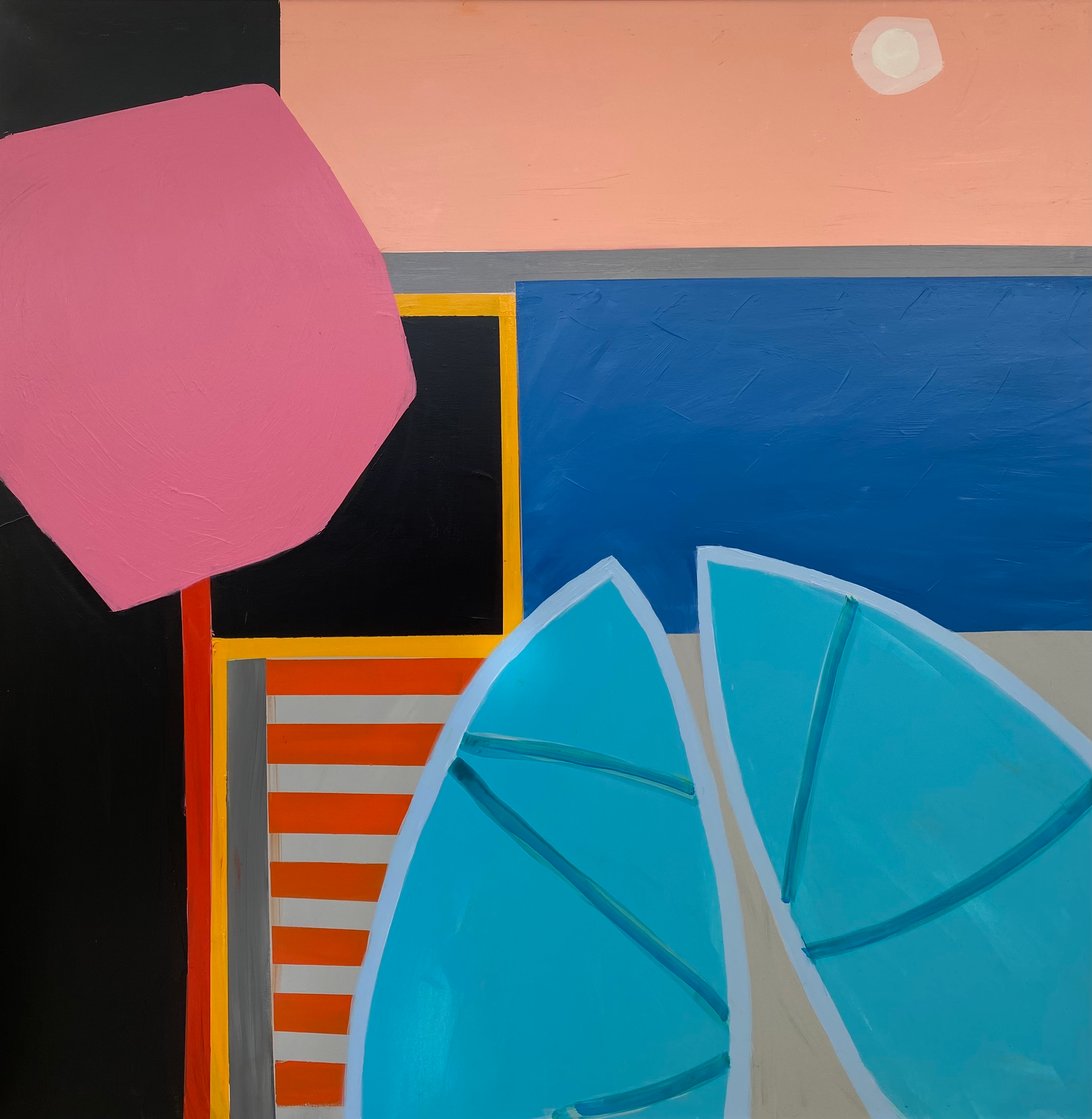 A painting of a pink umbrella and two blue umbrellas