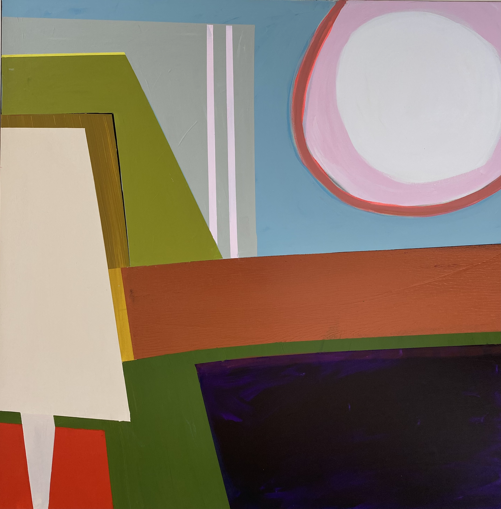 A colorful painting with a white circle in the middle