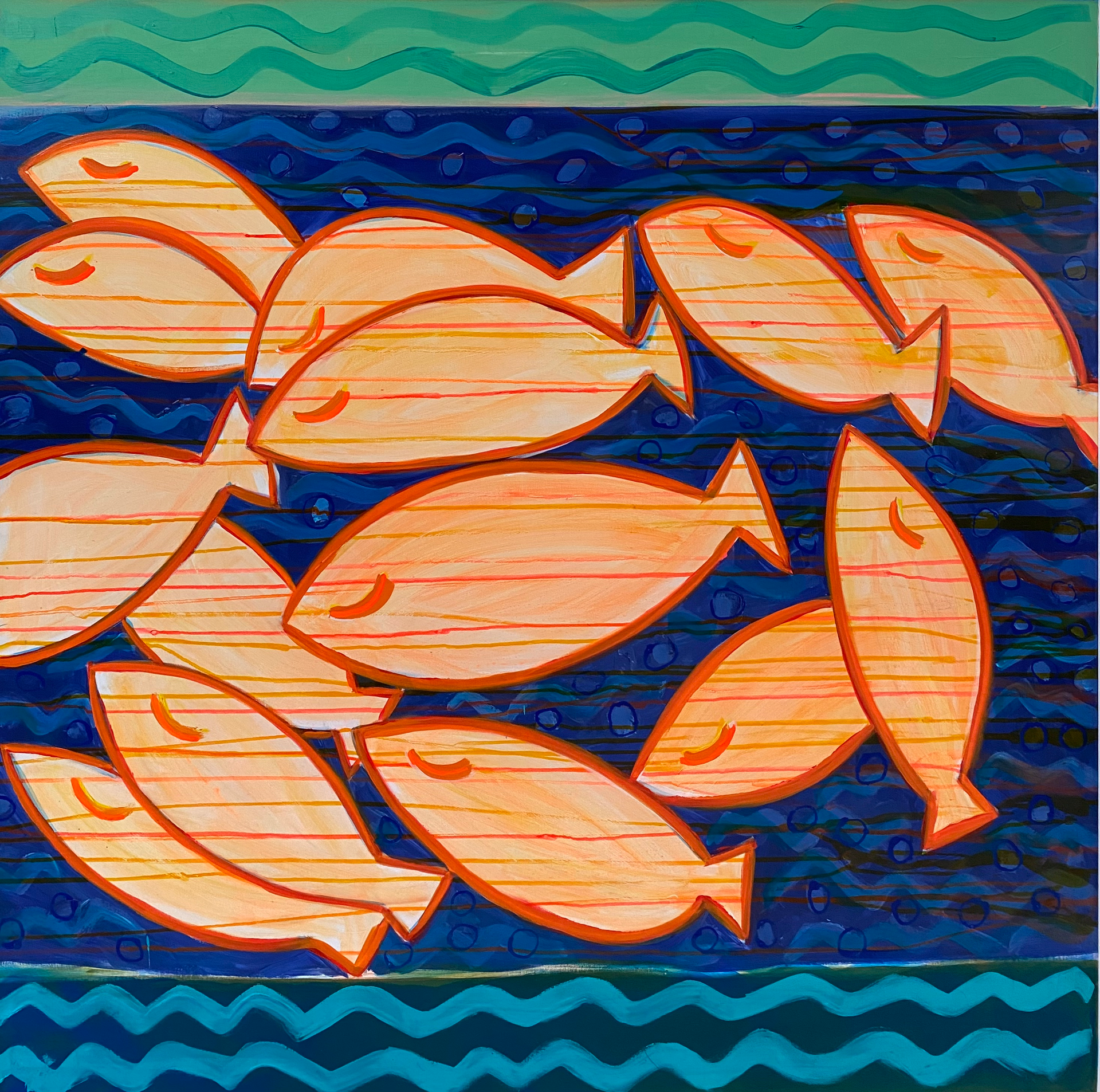 A painting of orange fish on a blue background