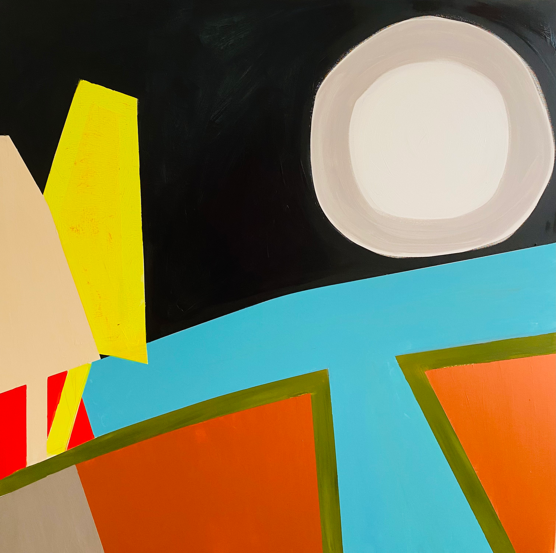 A colorful painting with a white circle in the middle