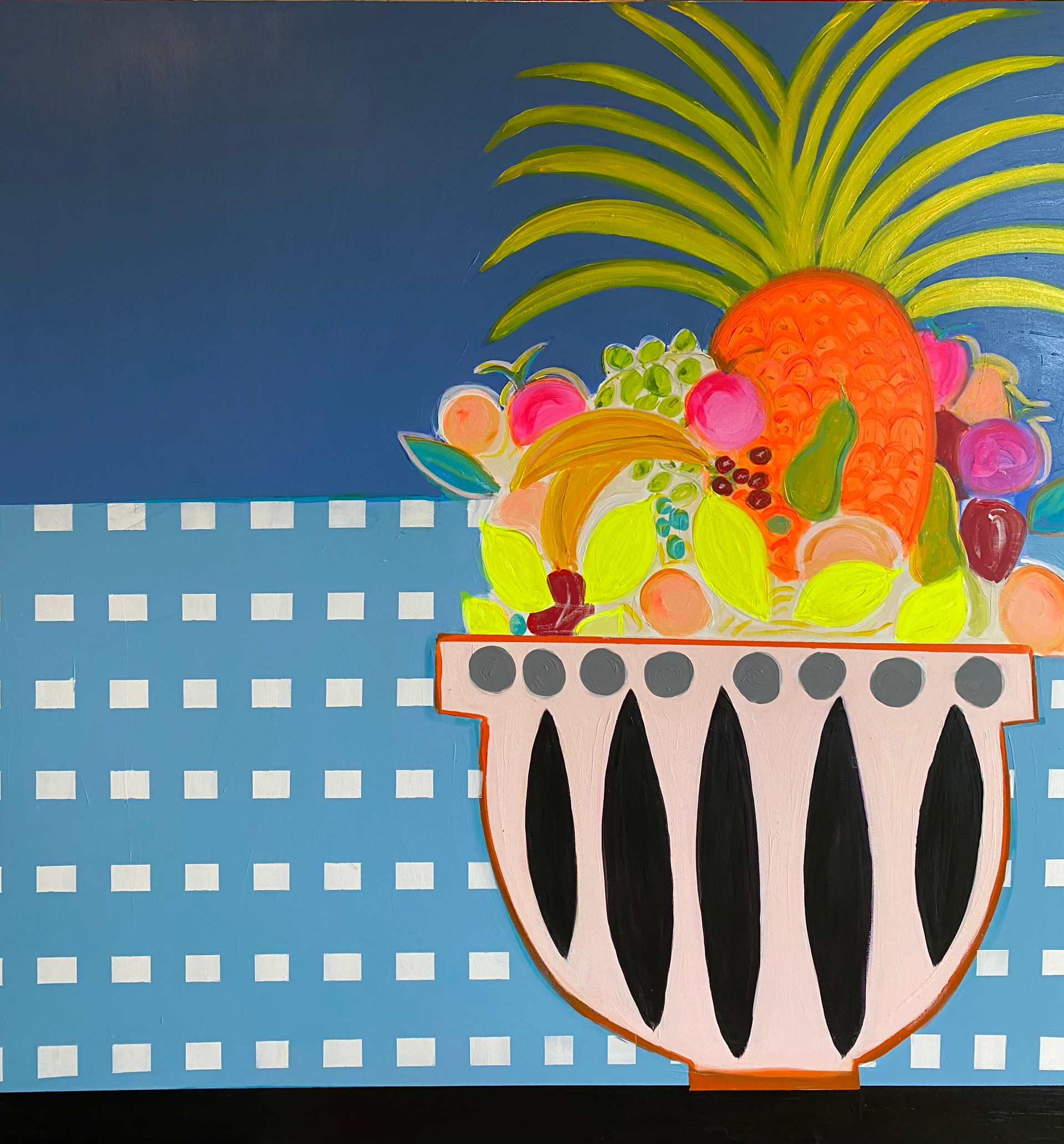 A painting of a bowl of fruit with a pineapple on top