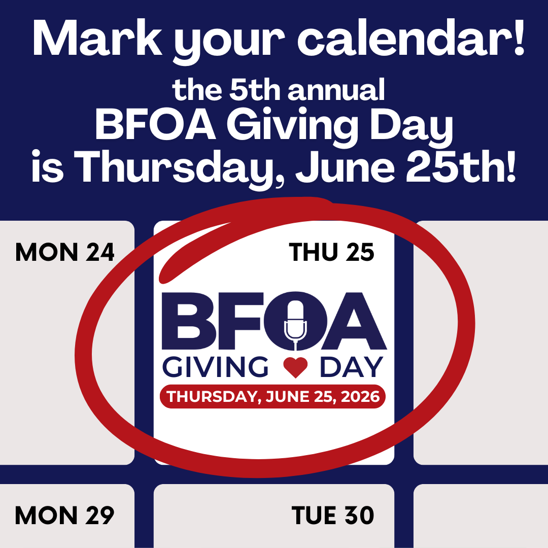 BFQA Giving Day announcement with calendar dates, highlighting Thursday, June 25, 2026 in red and blue.