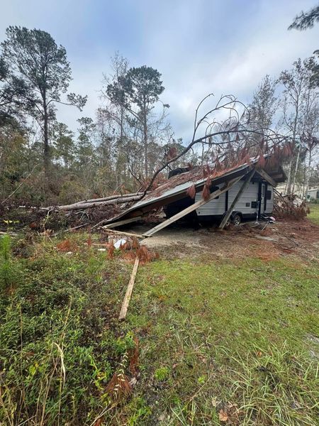 RV crushed by a fallen tree in a forest, under a cloudy sky.