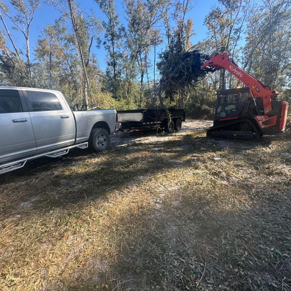 A truck towing a trailer with a skid steer loading brush into the trailer in a grassy area.