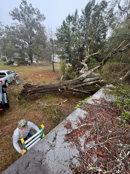 Man on ladder assesses tree damage on a roof, debris scattered. 