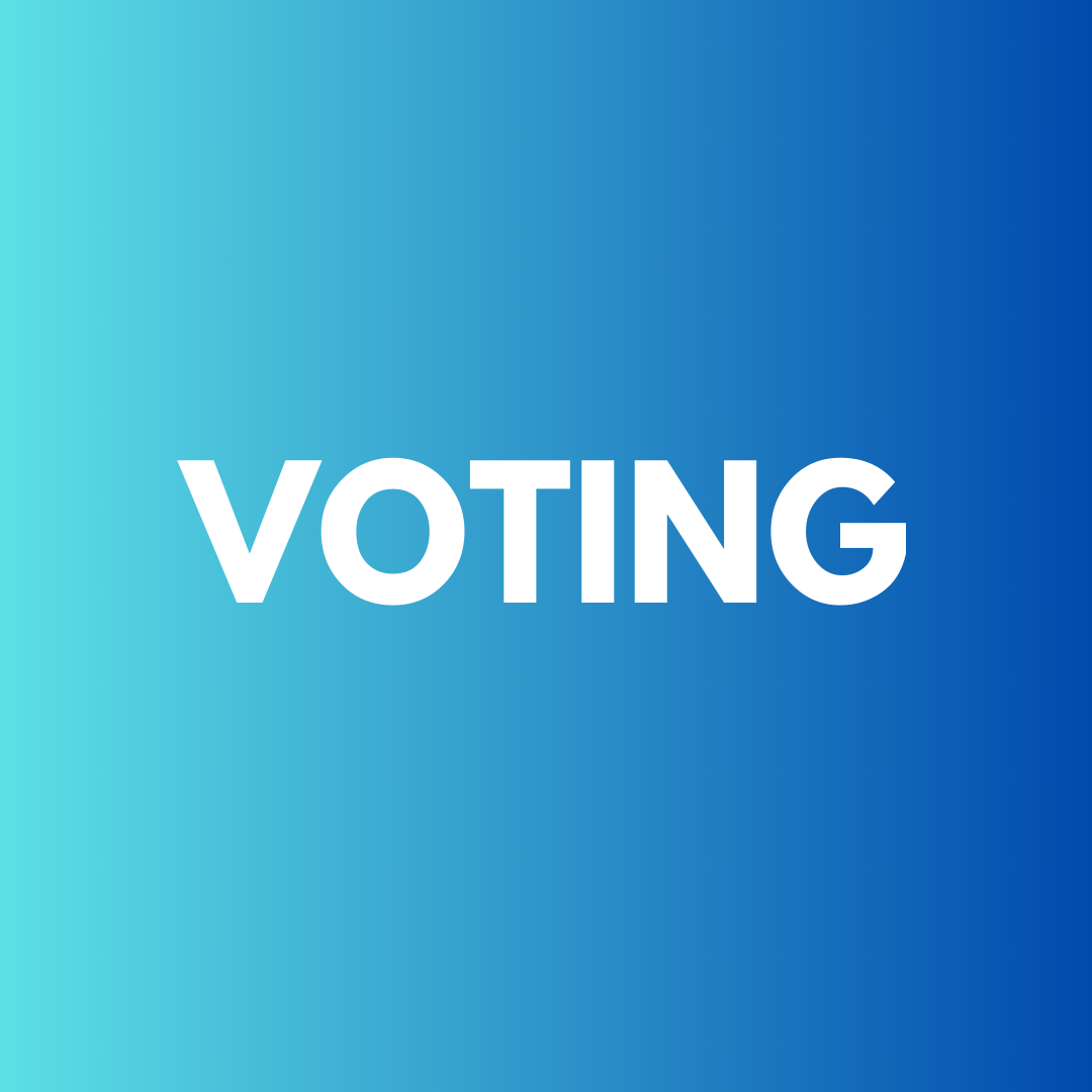 The word voting is on a blue background.
